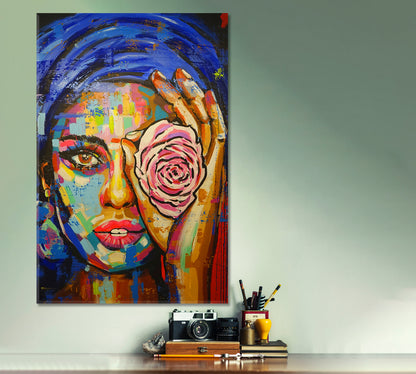 Beautiful Girl With Rose Colorful Canvas Print - Vertical People Portrait Wall Hangings Artesty   