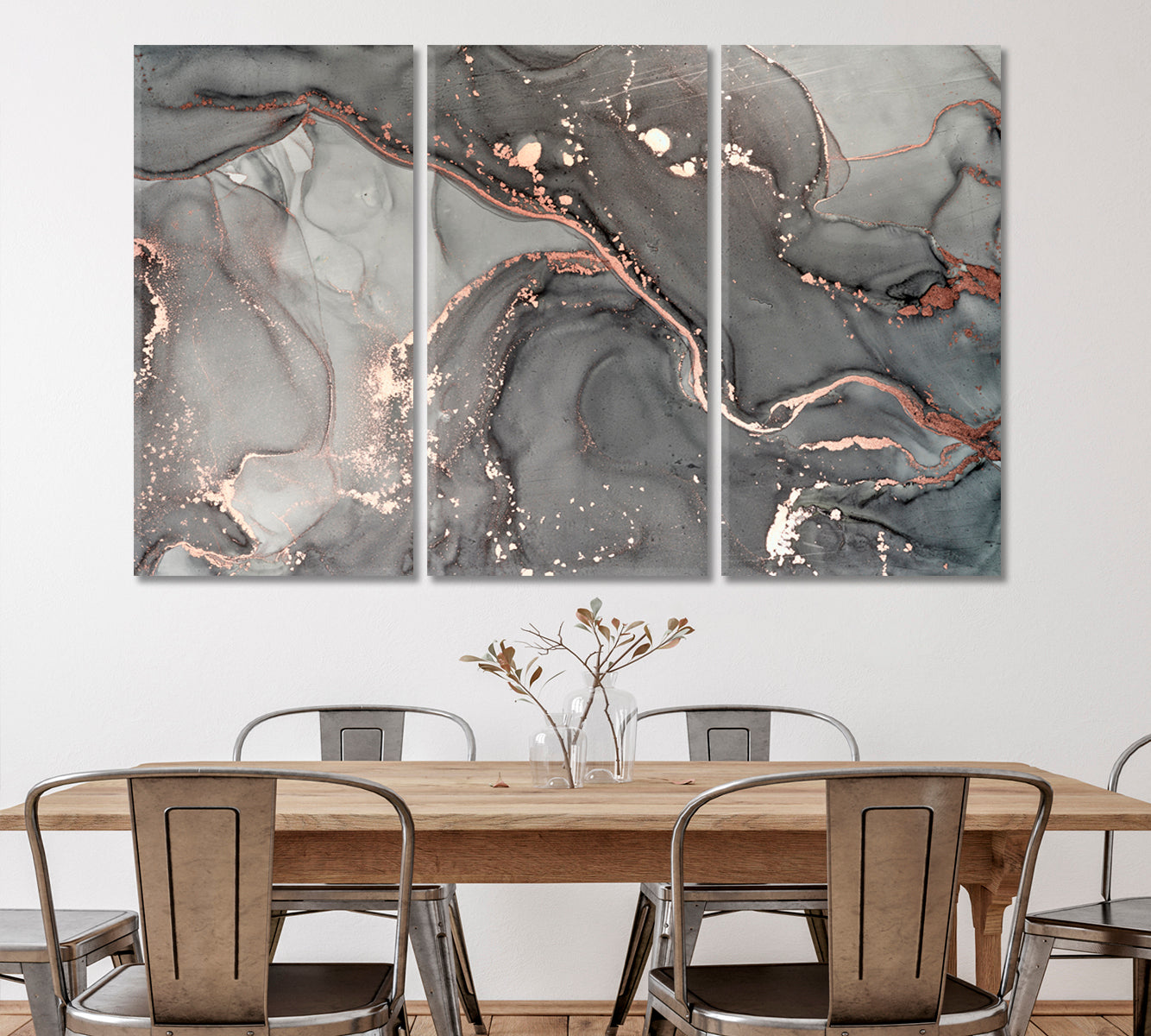 Gray Marble Alcohol Ink Pattern Translucent Waves Fluid Art, Oriental Marbling Canvas Print Artesty 3 panels 36" x 24" 