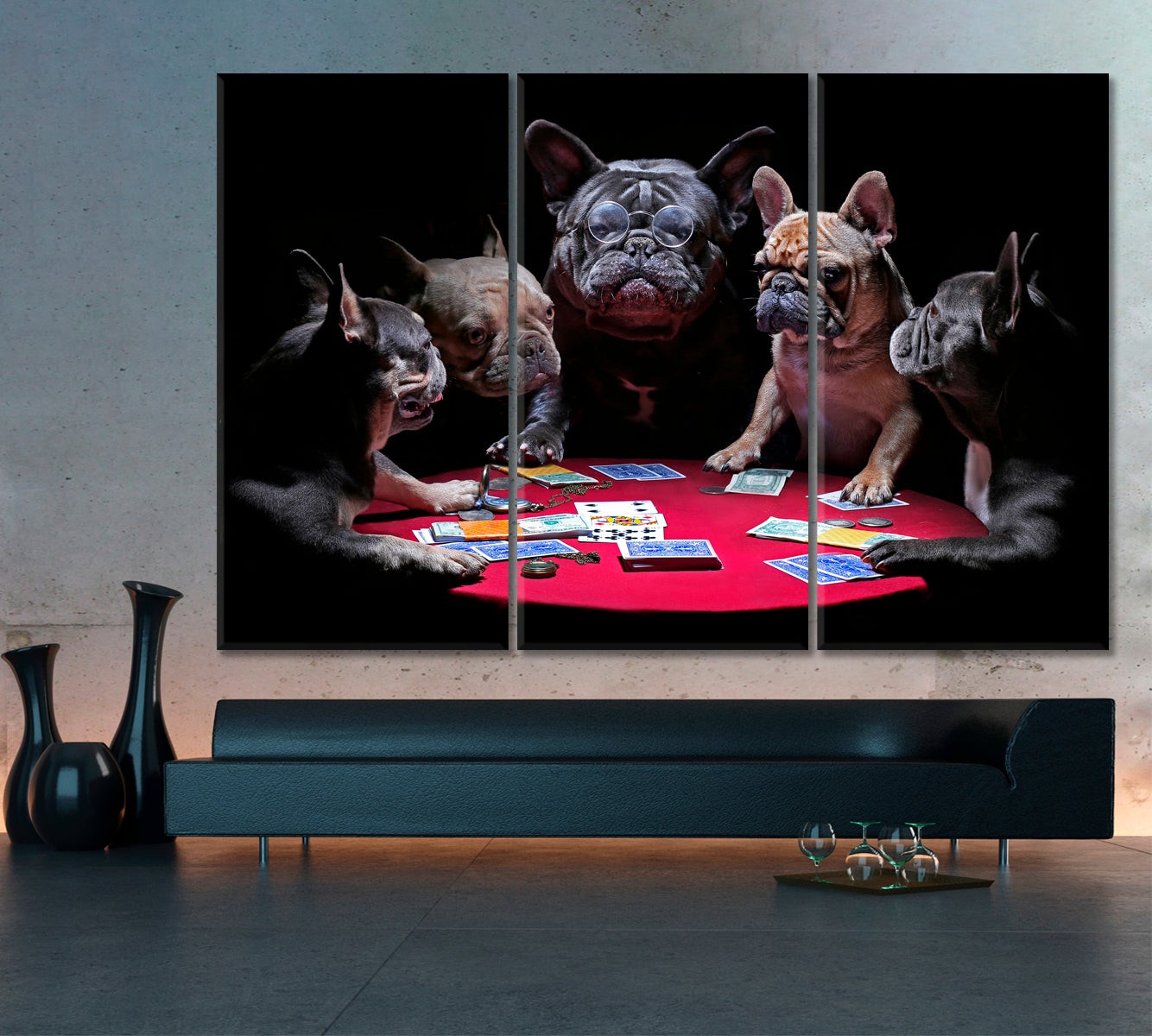Bold Bluff Whimsical Funny French Bulldogs Dogs Playing Poker Animals Canvas Print Artesty 3 panels 36" x 24" 