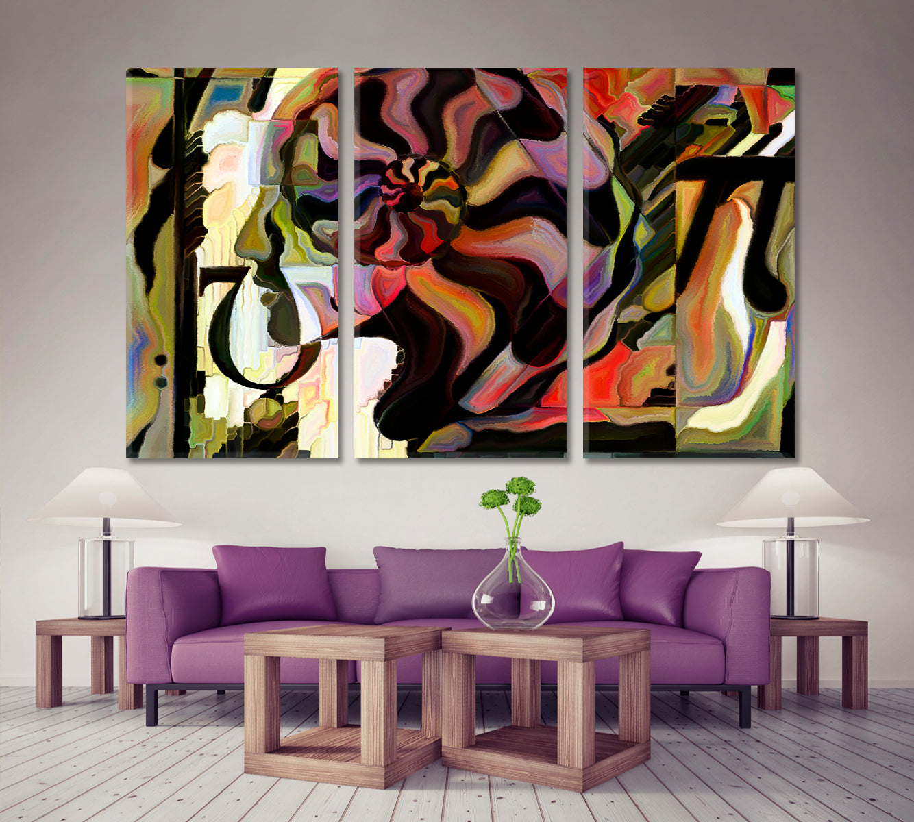 Unity Of Nature, Human And Seashell Abstract Symbols Mosaic Pattern Abstract Art Print Artesty 3 panels 36" x 24" 