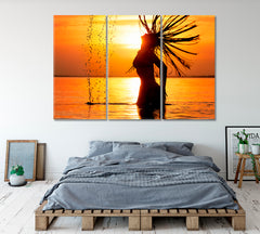Golden Sunset Beautiful Female Silhouette Scenery Landscape Fine Art Print Artesty 3 panels 36" x 24" 