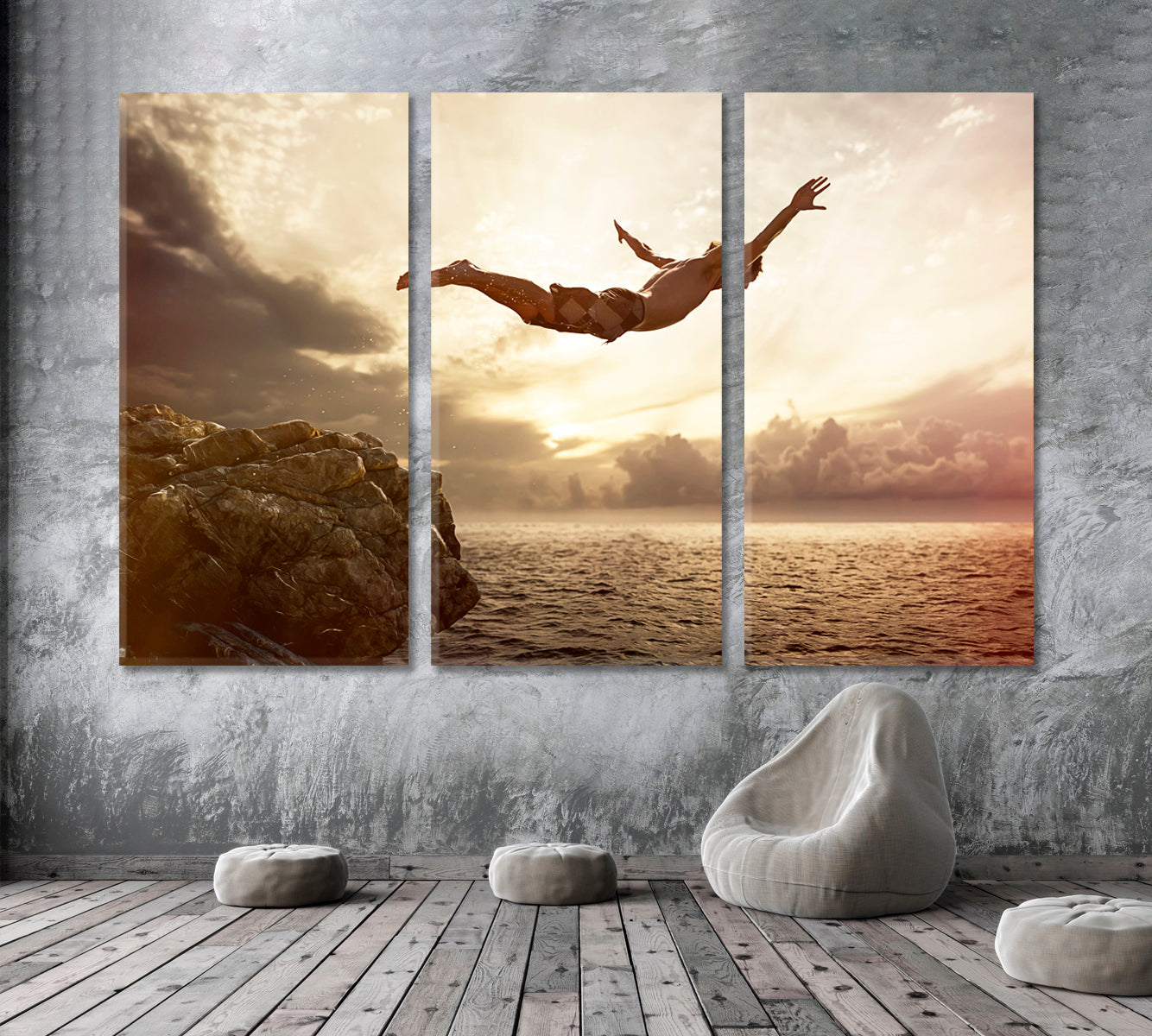 Cliff Diver Adventure Motivation Sport Poster Print Decor Artesty 3 panels 36" x 24" 