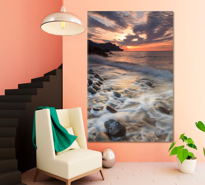 Incredible Beauty Panoramic Landscape Sunset on The Rocky Beach Canvas Print  - Vertical Scenery Landscape Fine Art Print Artesty   