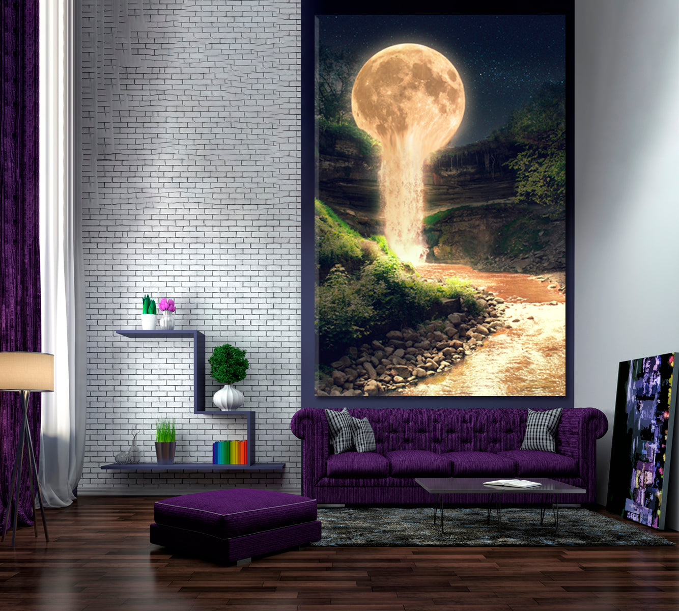 Surreal Dreamlike Landscape of Moonlight Flowing Like Water in a River - Vertical Surreal Fantasy Large Art Print Décor Artesty   