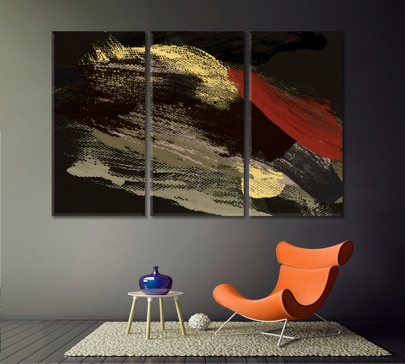 Red Yellow Khaki Brush Strokes Of Fat Paint On Black Modern Art Abstract Art Print Artesty 3 panels 36" x 24" 
