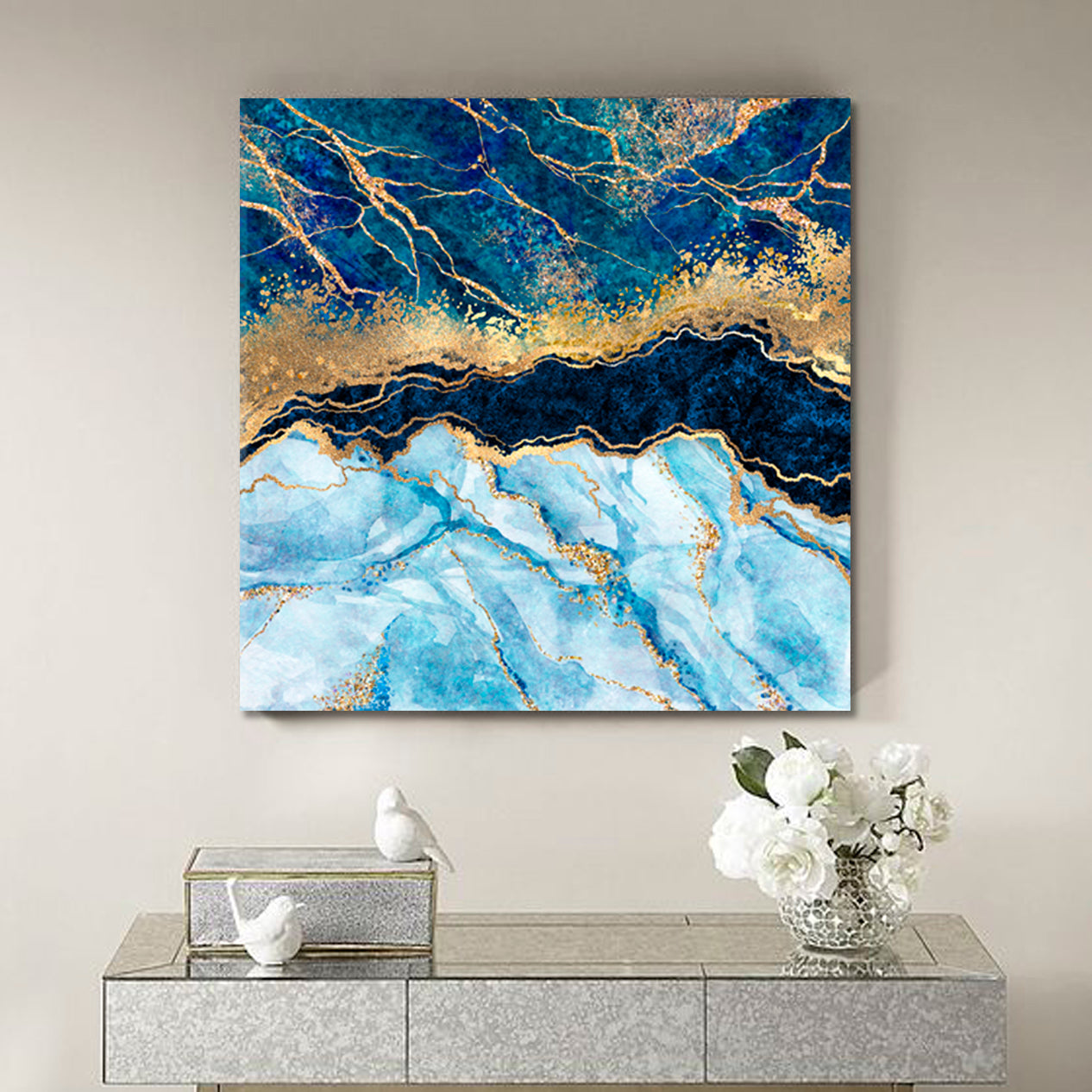 BLUE GOLD EFFECT Marble Swirls Fantastic Oriental Pattern Trendy - S Fluid Art, Oriental Marbling Canvas Print Artesty   