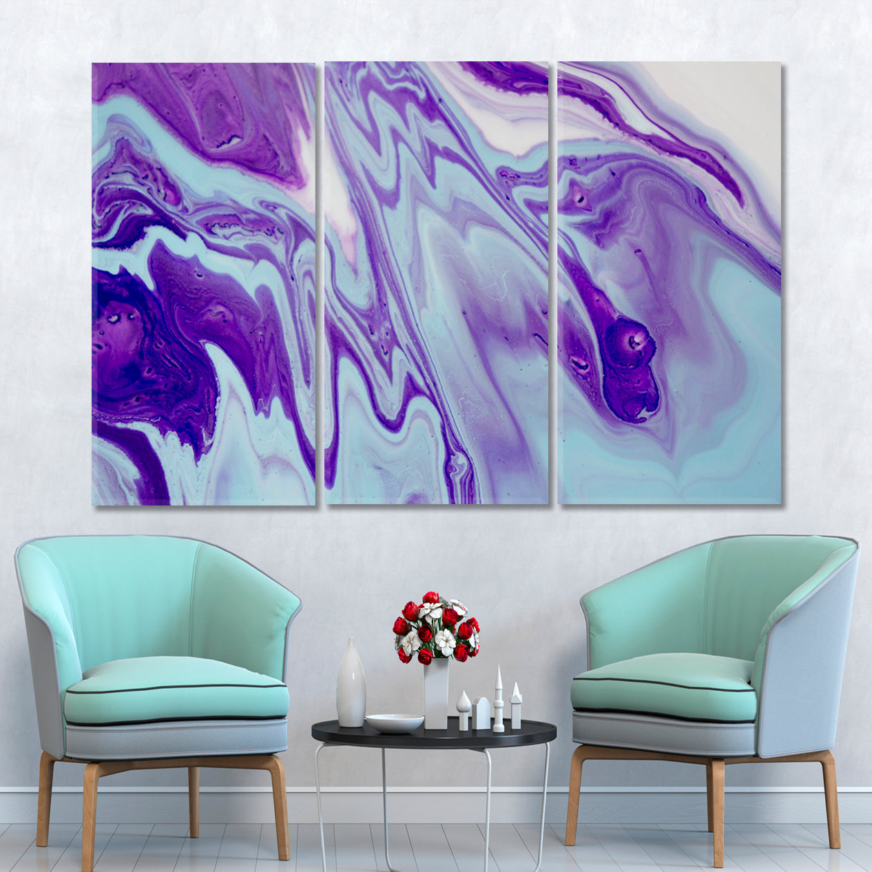 AQUA AND LAVENDER Acrylic Mix Abstract Colorful Marble Splash Fluid Fluid Art, Oriental Marbling Canvas Print Artesty   