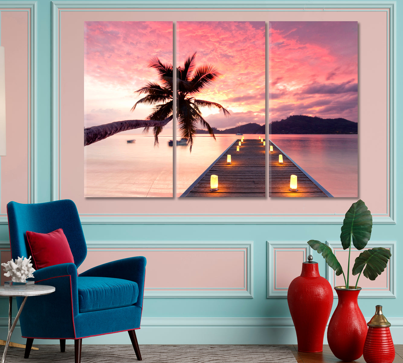 Romantic Pink Sunset Jetty Tropical Beach Picturesque Landscape Scenery Landscape Fine Art Print Artesty 3 panels 36" x 24" 