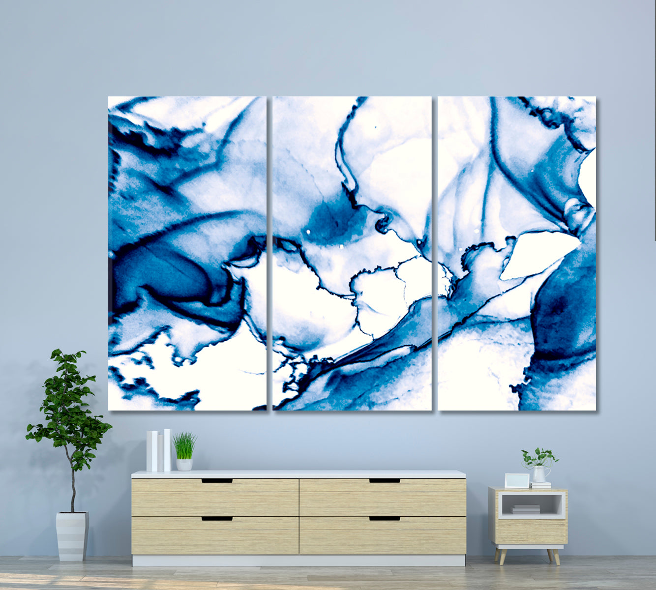 INK IN WATER Navy Blue Abstract Marble Veins Fluid Art, Oriental Marbling Canvas Print Artesty 3 panels 36" x 24" 