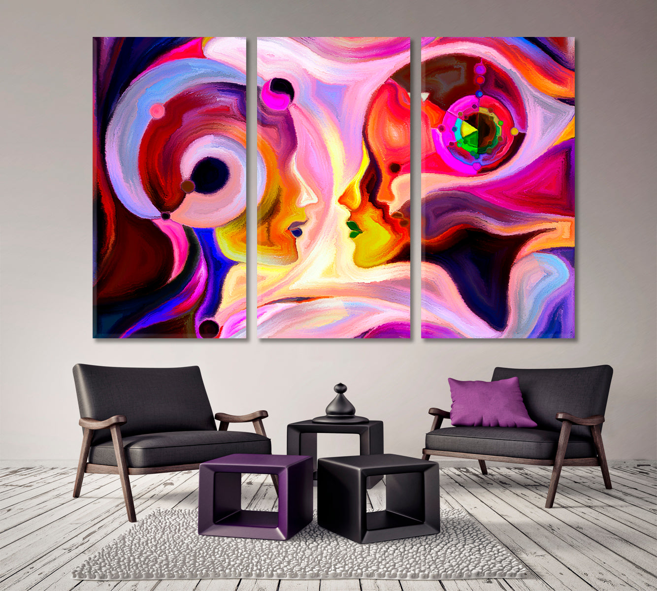 Modern Abstract Design Woman Man and Child Consciousness Art Artesty 3 panels 36" x 24" 