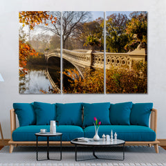 AUTUMN Bow Bridge Central Park New York City Famous Landmarks Artwork Print Artesty 3 panels 36" x 24" 