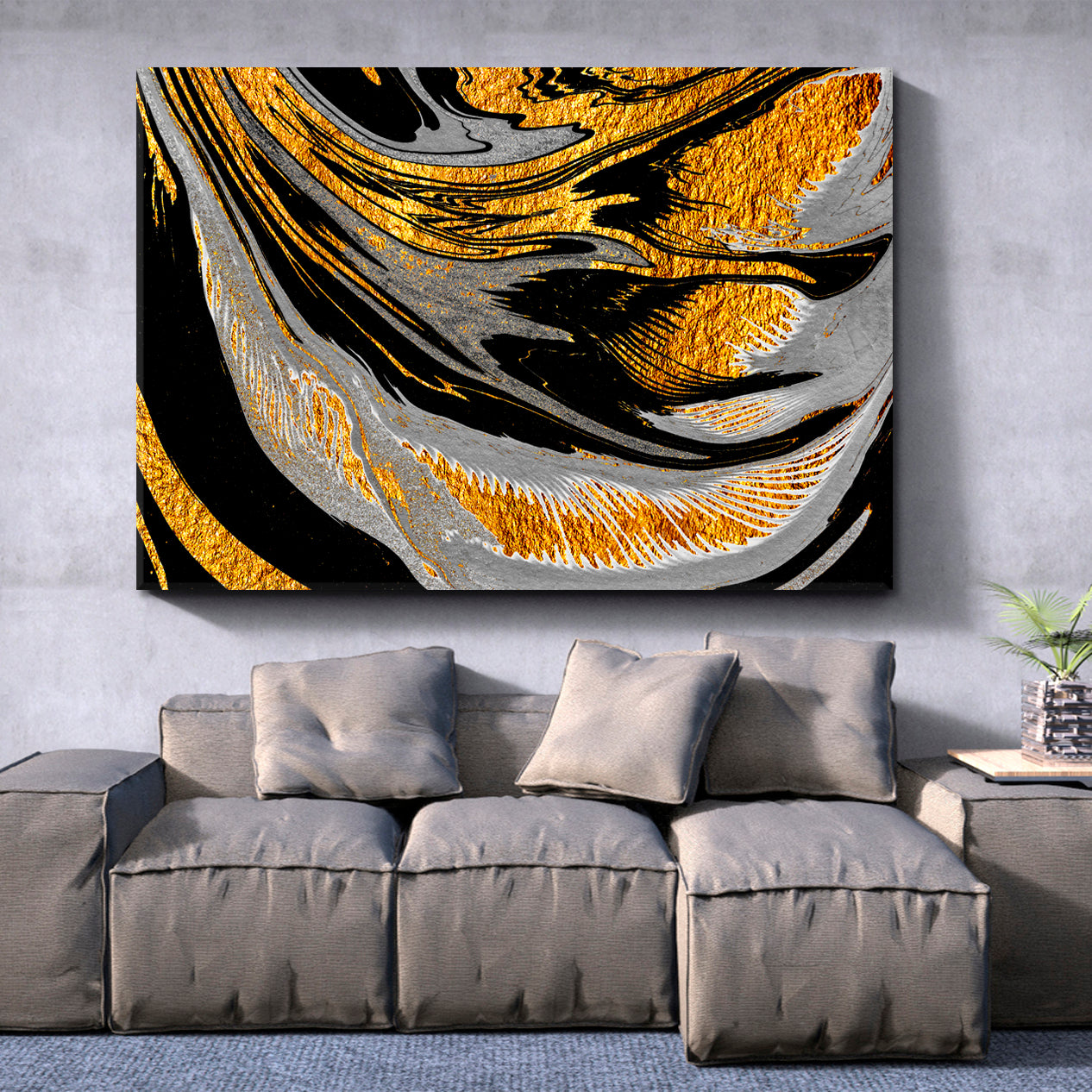 Bright Black Grey Gold Swirls Oriental Suminagashi Japanese Marble Fluid Art, Oriental Marbling Canvas Print Artesty   