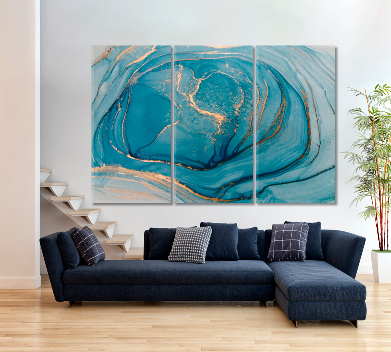INSPIRED BY AEGEAN SEA Cerulean Hues Marble Abstract Fluid Ink Pattern Fluid Art, Oriental Marbling Canvas Print Artesty 3 panels 36" x 24" 
