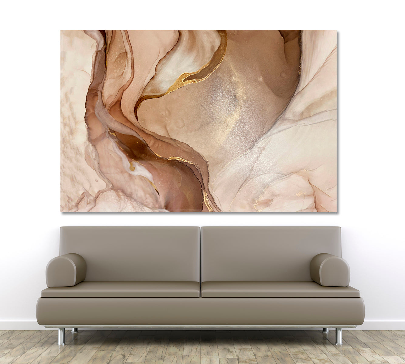 Abstract Marble Beige Golden Veins Neutral Earth Tones Ink Painting Fluid Art, Oriental Marbling Canvas Print Artesty   