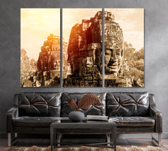 Ancient Bayon Castle Angkor Thom Cambodia Vintage Style Canvas Print Religious Modern Art Artesty 3 panels 36" x 24" 