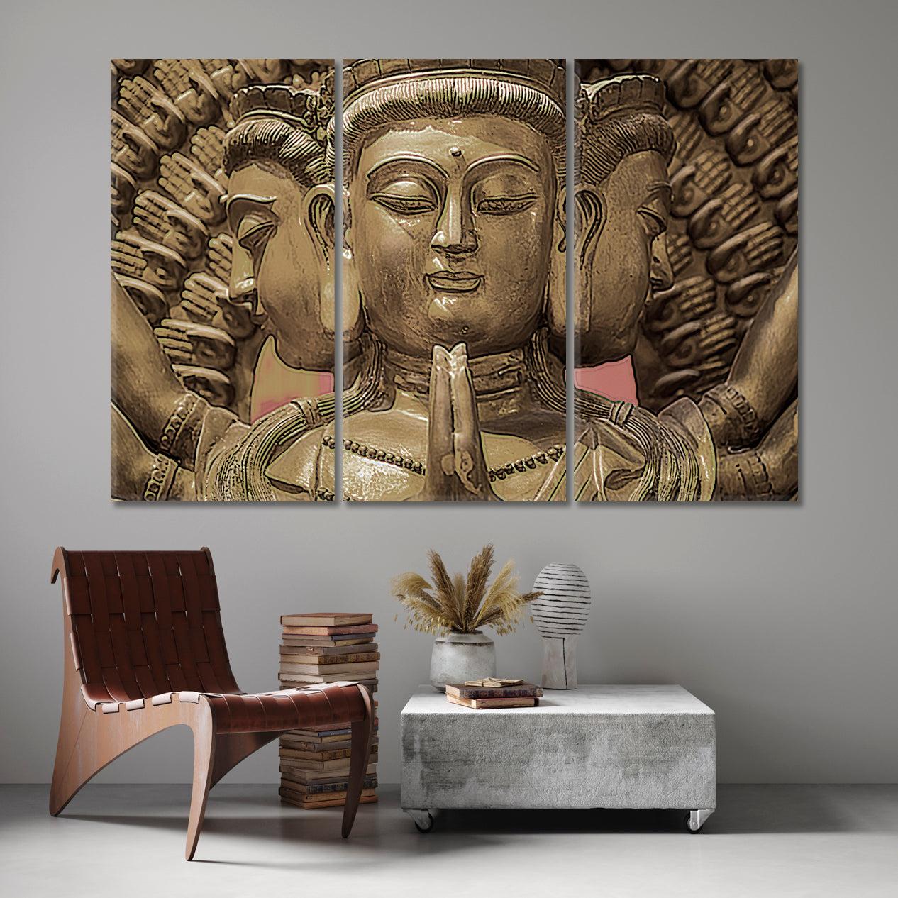 BUDDHA Chinese Temple Bangkok Thailand Religious Modern Art Artesty 3 panels 36" x 24" 