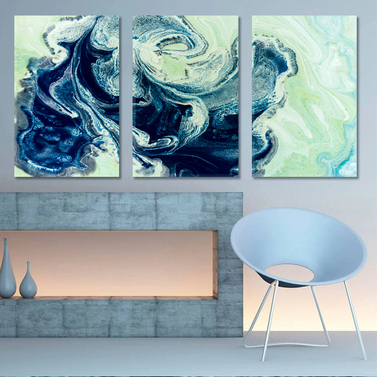FLUFFY CLOUDS Ink in Water Oriental Abstract Blu Marble Fluid Art, Oriental Marbling Canvas Print Artesty 3 panels 36" x 24" 