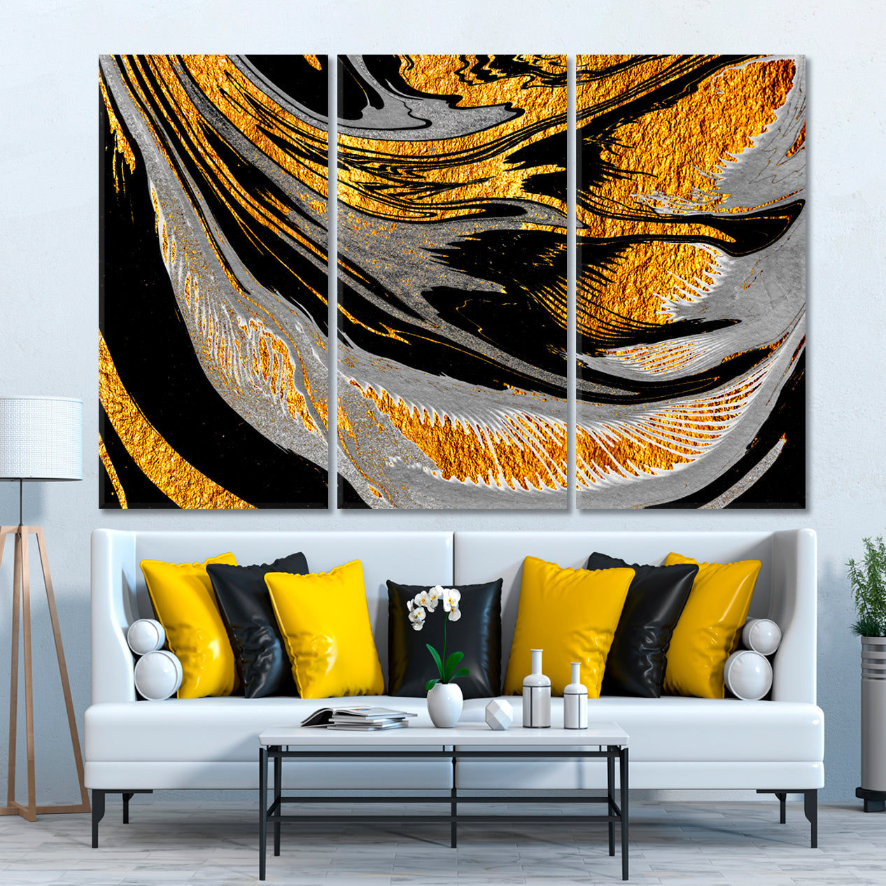 Bright Black Grey Gold Swirls Oriental Suminagashi Japanese Marble Fluid Art, Oriental Marbling Canvas Print Artesty 3 panels 36" x 24" 