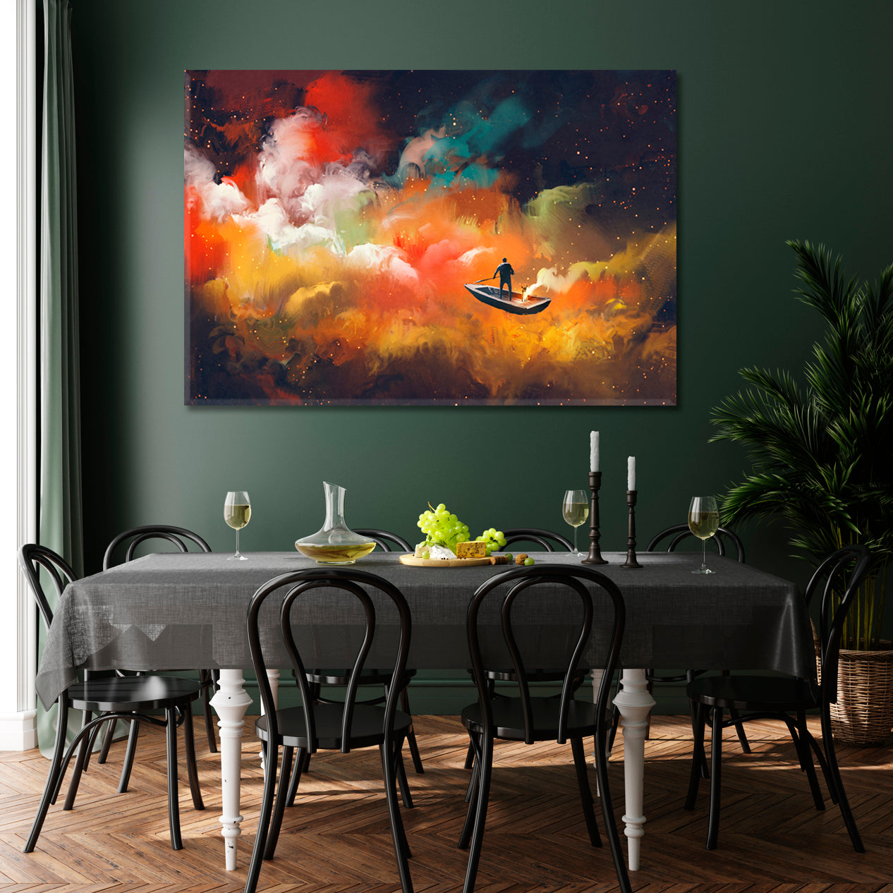 Surreal Dreamlike Man on Boat Outer Space Colorful Clouds Surreal Fantasy Large Art Print Décor Artesty   