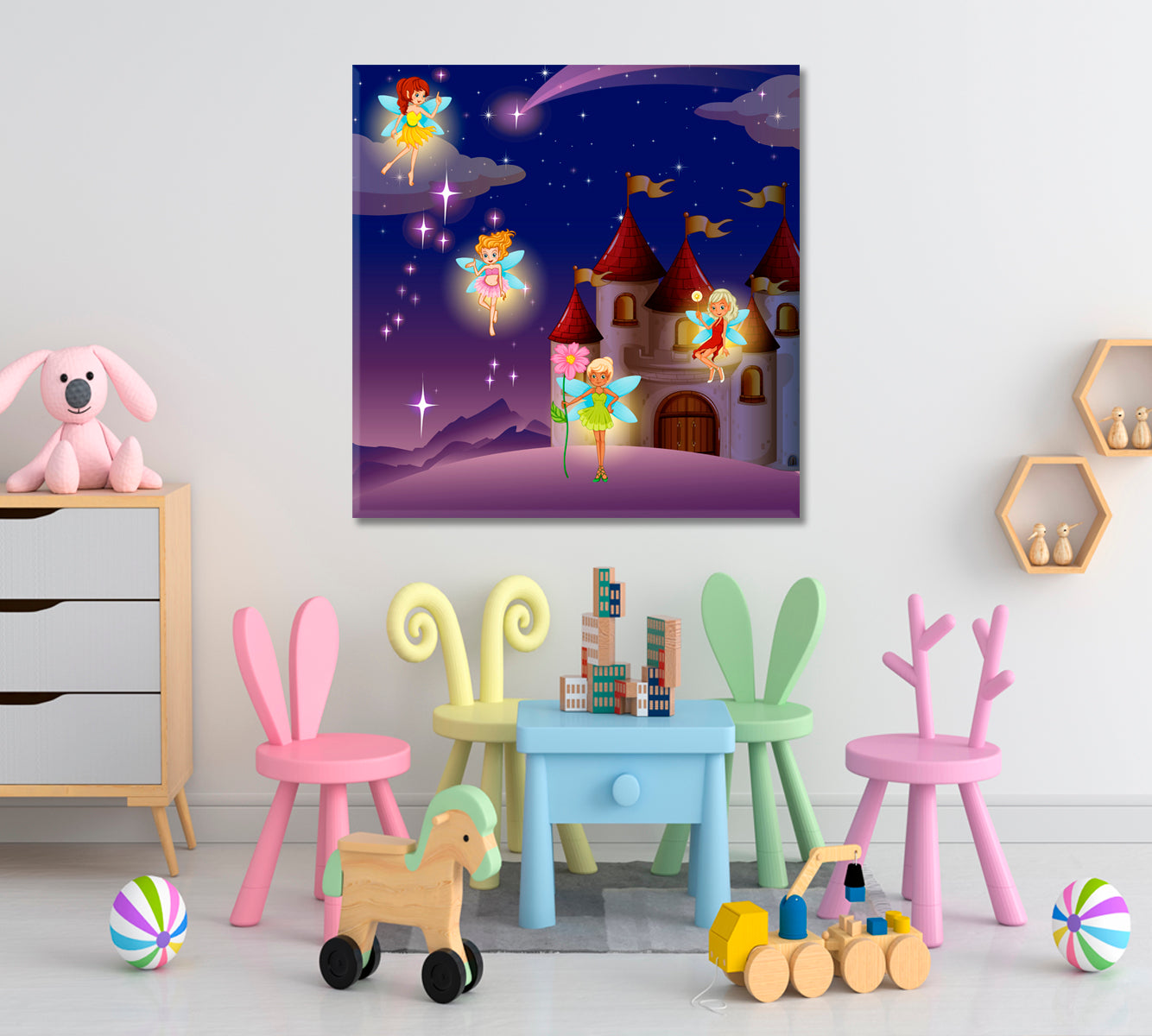 Castle Fairies Flying Sweet Kids Baby Nursery Wall Art Canvas Print | Square Panel Kids Room Canvas Art Print Artesty   