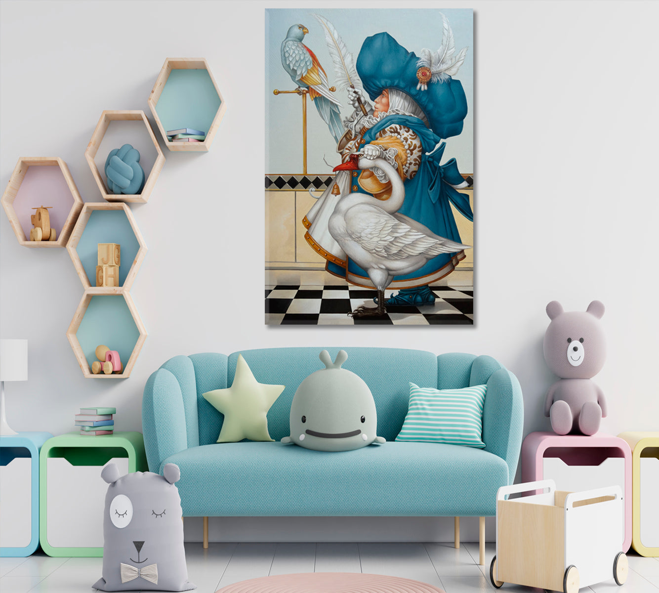 Gnome with Goose Surrealism Painting on Canvas Giclée Print | Vertical Surreal Fantasy Large Art Print Décor Artesty   