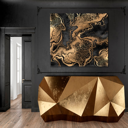 BLACK WITH GOLD EFFECT Marble Swirls Luxury Pattern Trendy Canvas Print - Square Abstract Art Print Artesty   