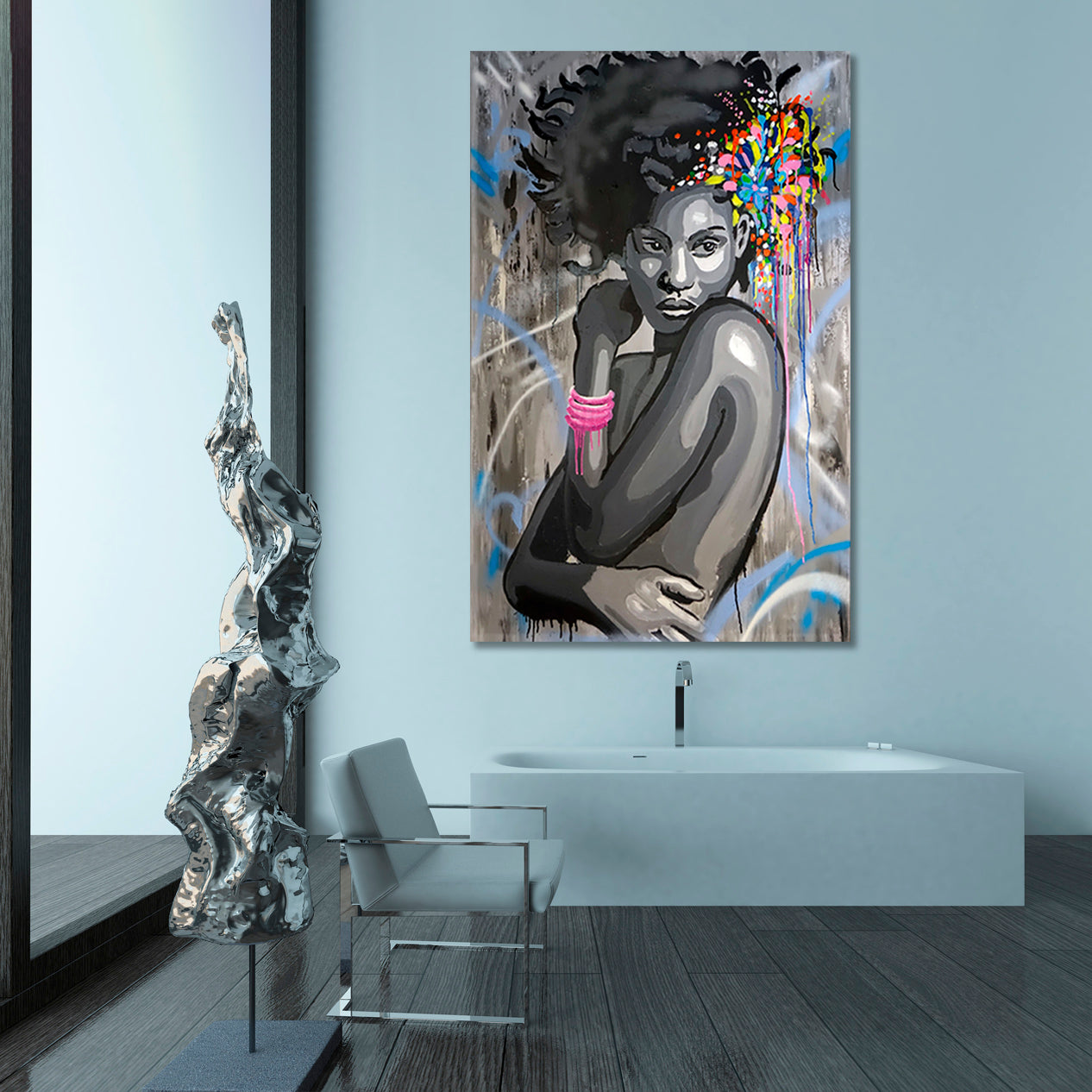 HAIRSTYLE African Beautiful Women Abstract Drip Art Graffiti Style - Vertical Contemporary Art Artesty   