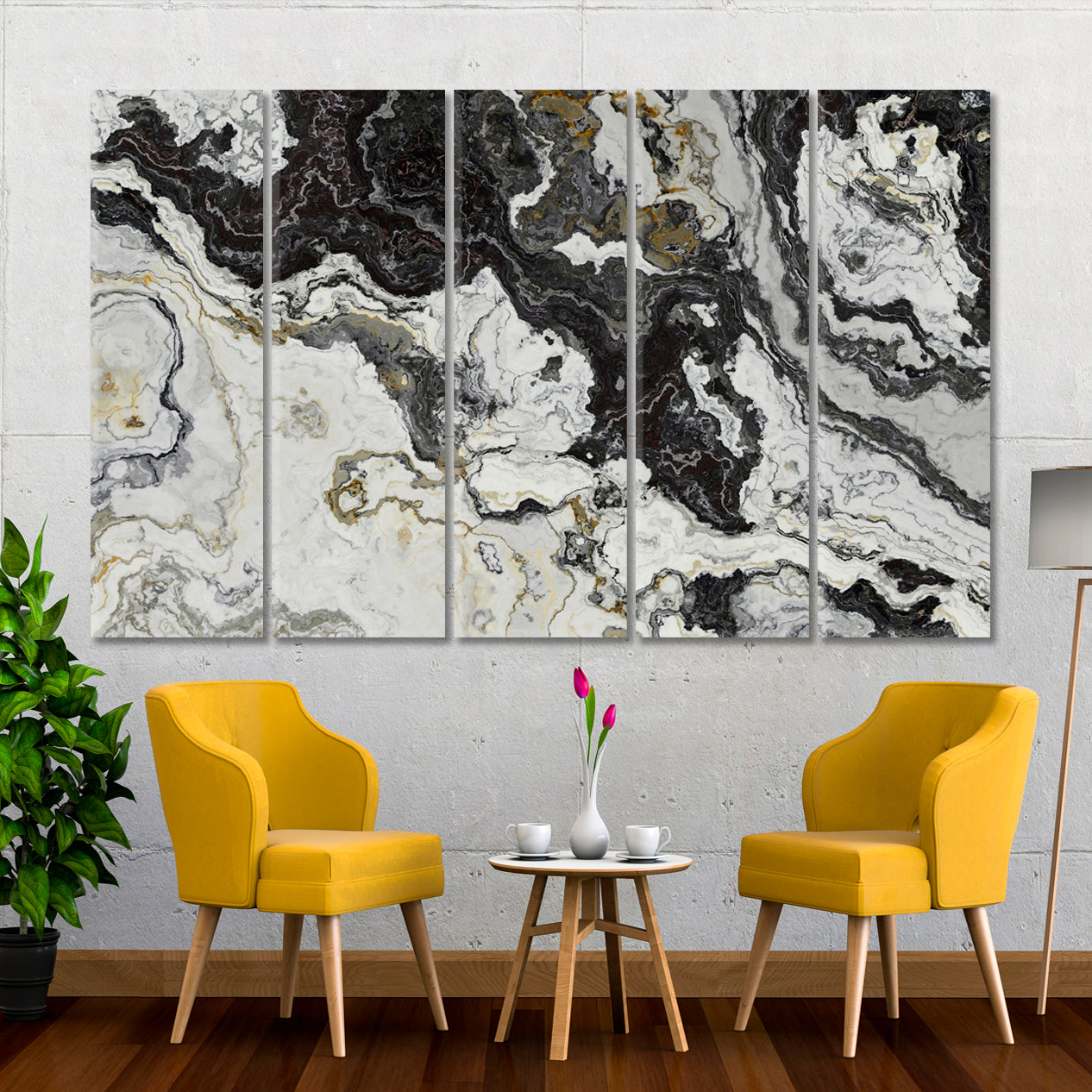 Black White Marble Pattern Curly Grey Veins Abstract Marble Oriental Art Print Canvas Artesty 5 panels 36" x 24" 