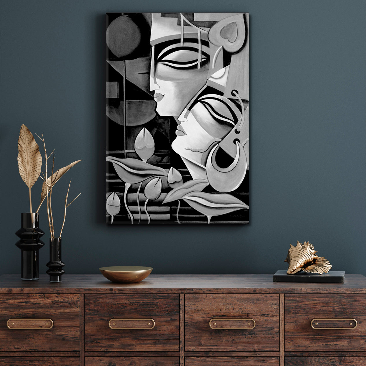 Lord Radha Krishna Modern Cubism Style Black And White Black and White Wall Art Print Artesty   