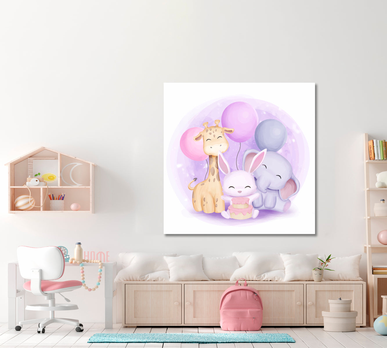 Cute Little Giraffe Rabbit and Elephant Sweet Kids Baby Nursery Art Print | Square Panel Kids Room Canvas Art Print Artesty   