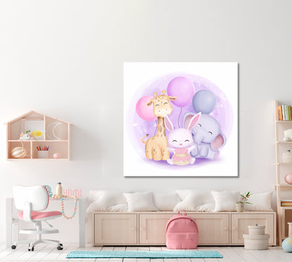 Cute Little Giraffe Rabbit and Elephant Sweet Kids Baby Nursery Art Print | Square Panel Kids Room Canvas Art Print Artesty   