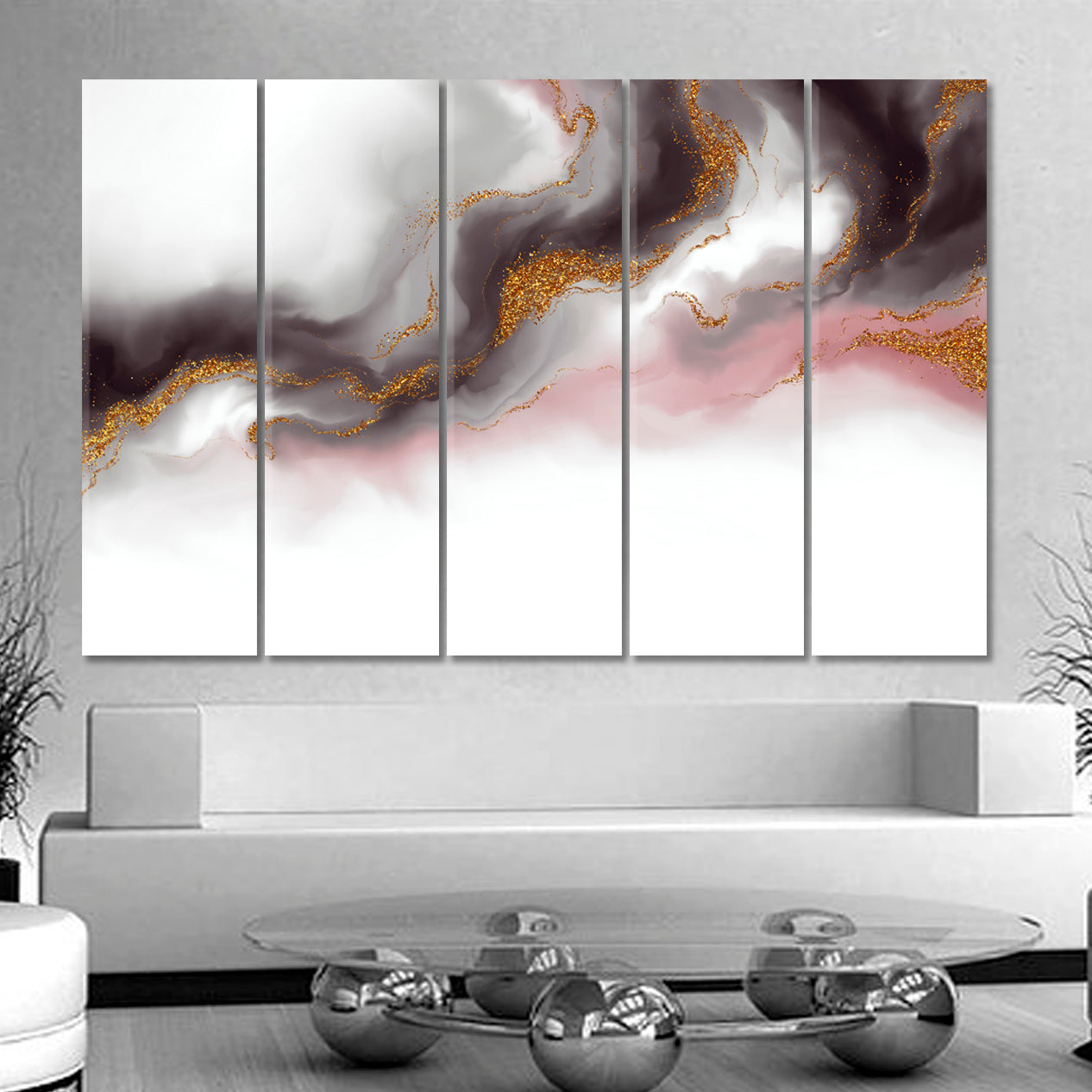 MARBLE PEARL Luxe Effect Beautiful Trendy Art Fluid Art, Oriental Marbling Canvas Print Artesty 5 panels 36" x 24" 