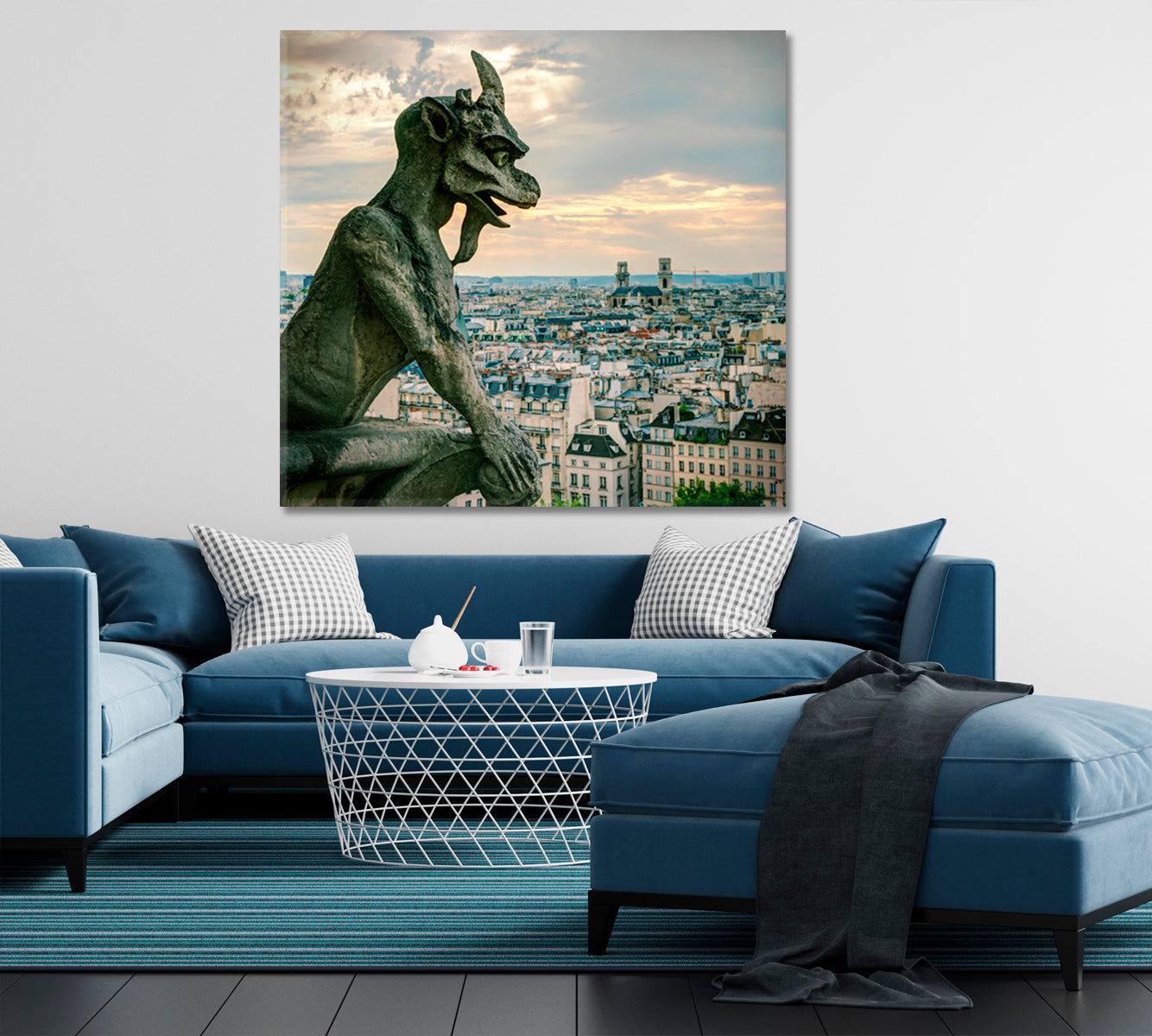 Paris Skyline with the French Gargoyle Photo Art Canvas Print | Square Panel Cities Wall Art Artesty   