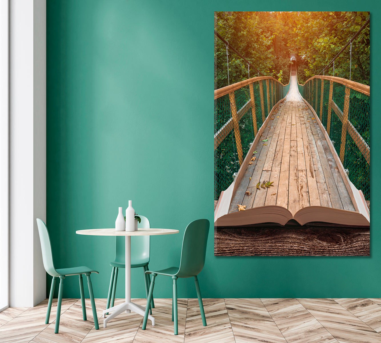 MAJESTIC LANDSCAPE Suspension Bridge Misty Forest | Vertical Scenery Landscape Fine Art Print Artesty   