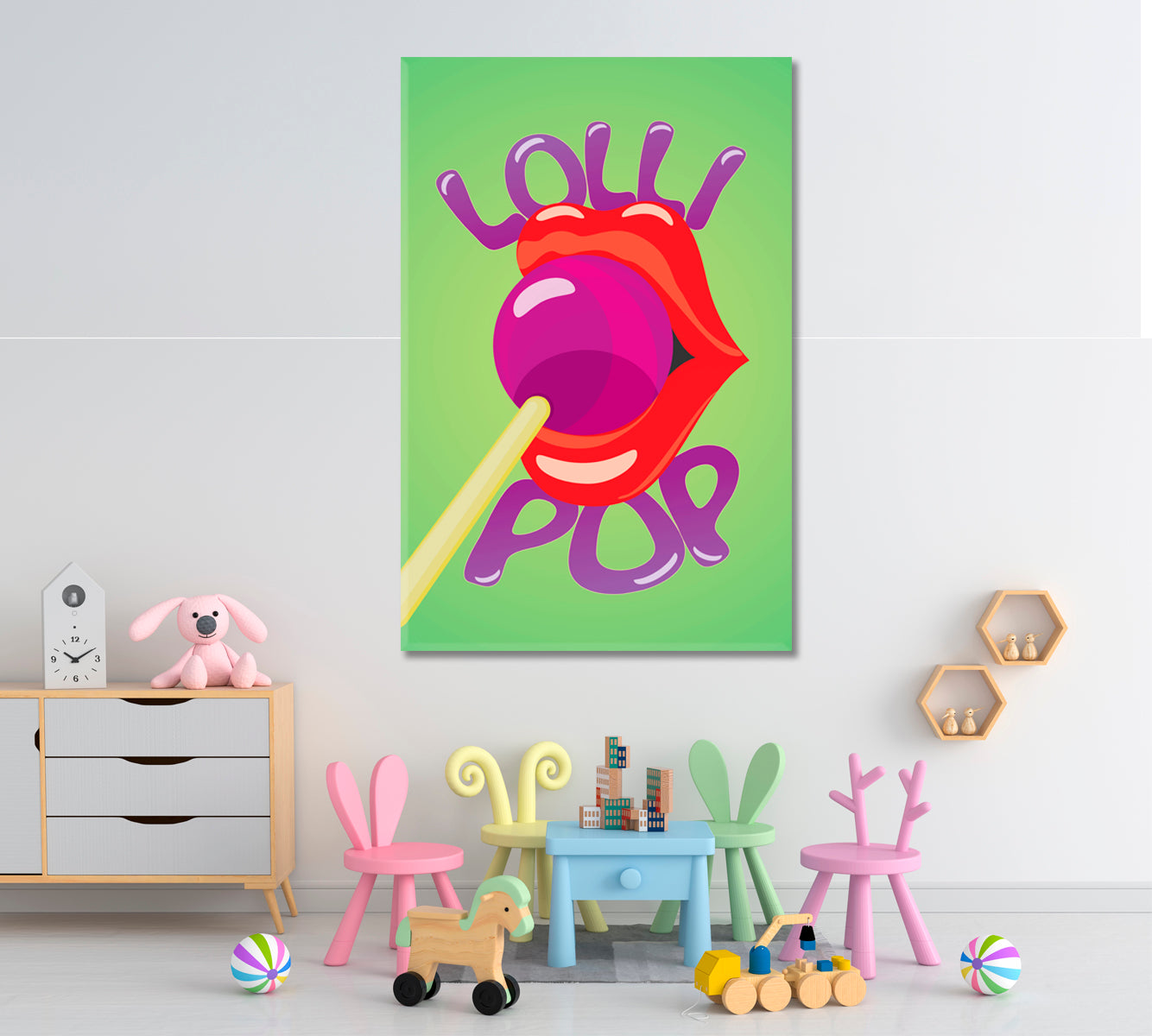 POP ART Lips & Lollipop Light Green Purple Red Colorful Poster Pop Art Canvas Print Artesty 1 Panel 16"x24" 