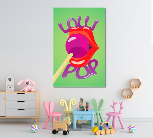 POP ART Lips & Lollipop Light Green Purple Red Colorful Poster Pop Art Canvas Print Artesty 1 Panel 16"x24" 