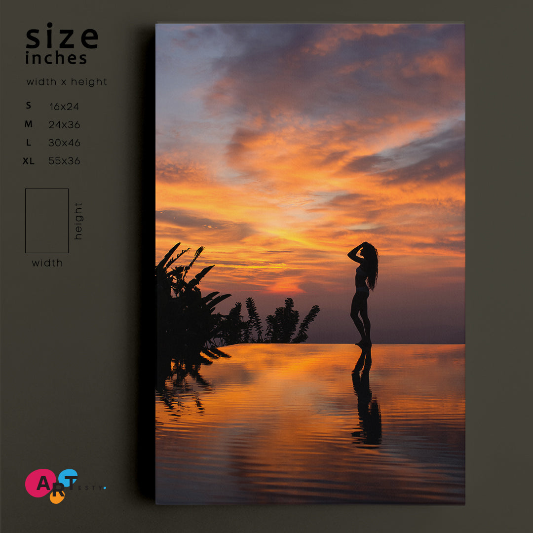 INFINITY EDGE Landscape Luxury Beach Pool Silhouette Woman at Sunset - Vertical Scenery Landscape Fine Art Print Artesty   