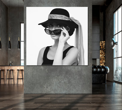 Beautiful Woman Audrey Hepburn Fashion Style Hat Scarf Sunglasses Celebs Canvas Print Artesty   