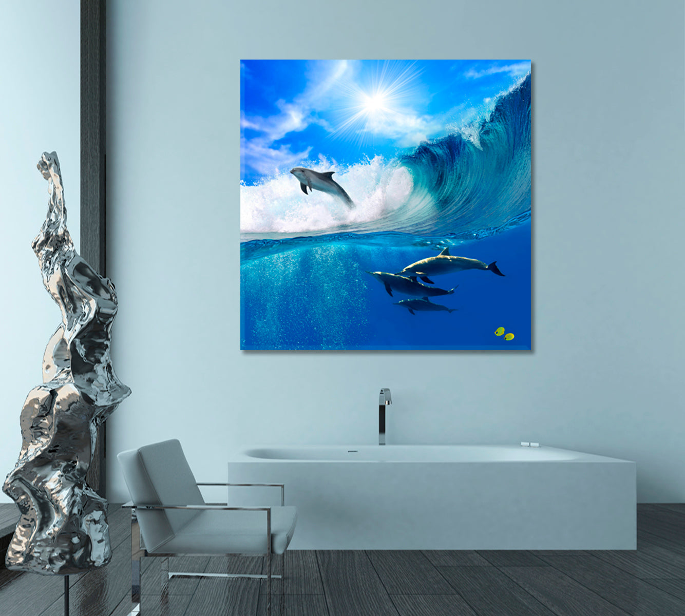 Oceanview | Flock of Playful Dolphins Canvas Print Giclée - Square Panel Nautical, Sea Life Pattern Art Artesty   