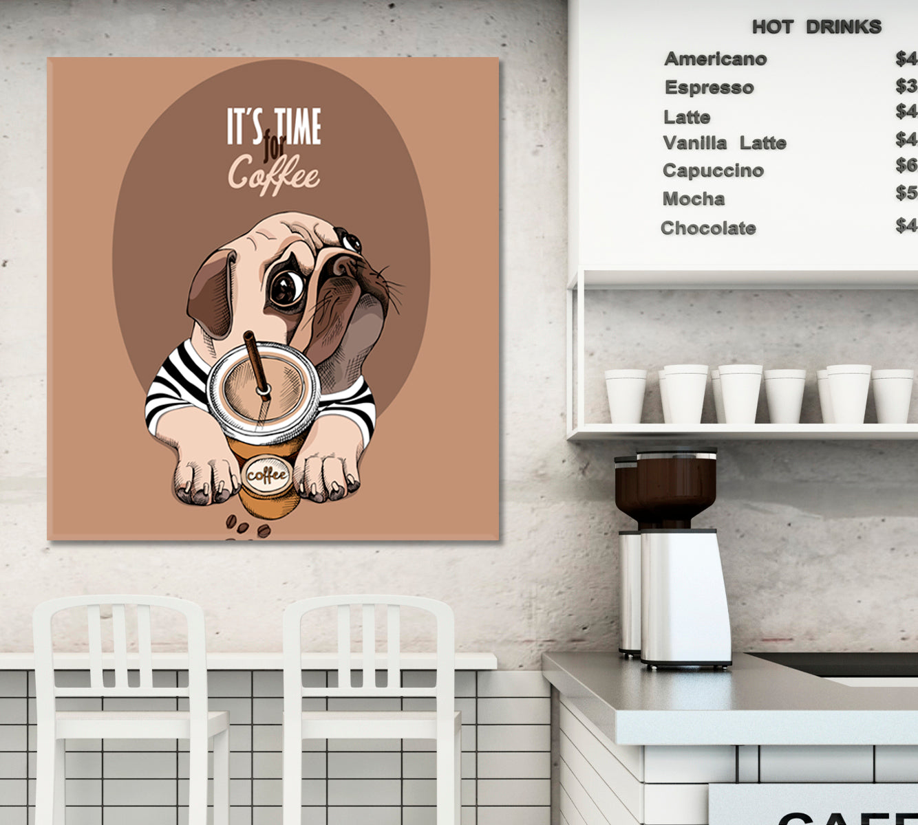 IT'S TIME FOR COFFEE Pug Dog & Cup of a Coffee Funny Animals Canvas Print - Square Panel Animals Canvas Print Artesty   