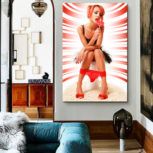 Funny Girl with Red Lollipop in the Toilet Photo Art Artesty 1 Panel 16"x24" 