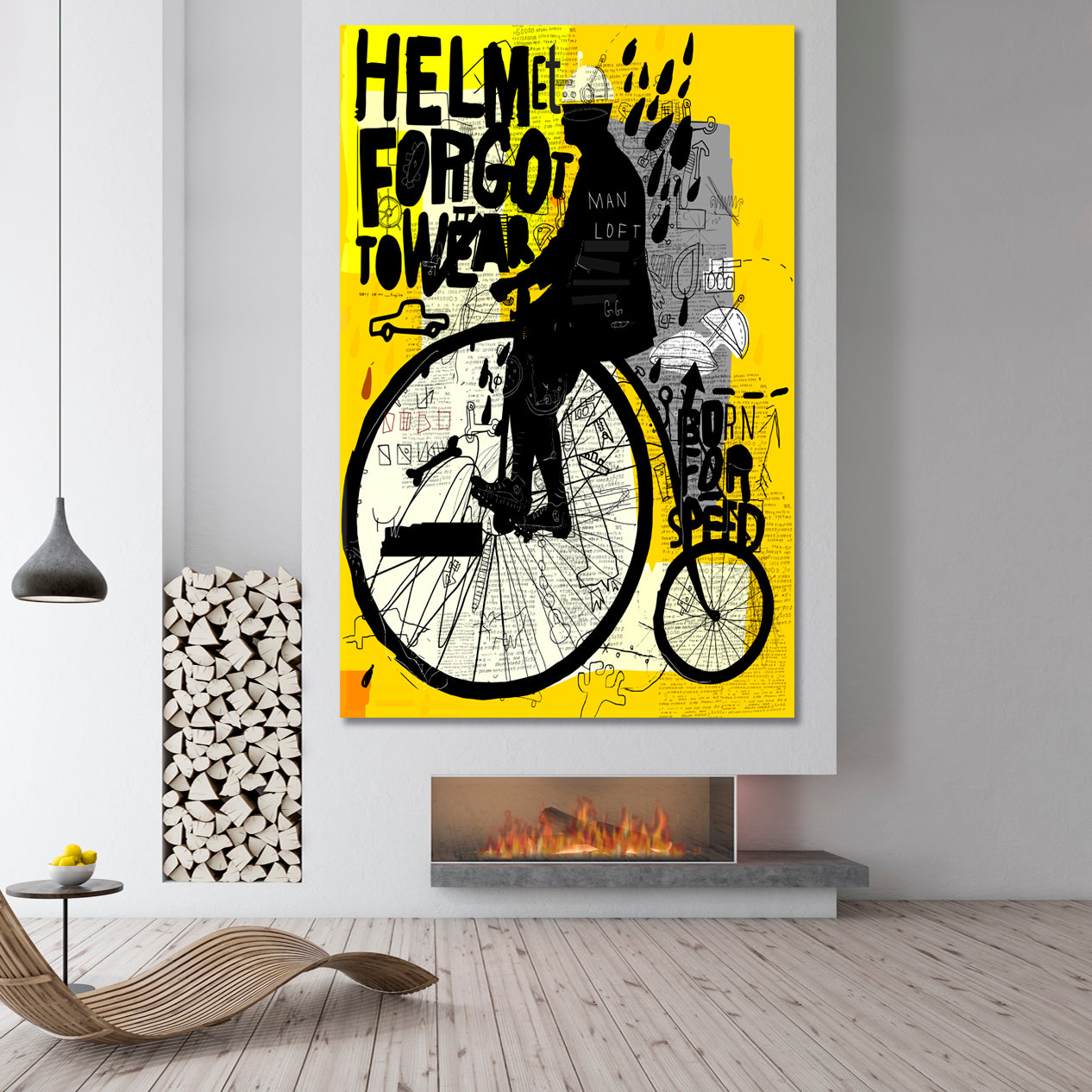 Man Riding Old Retro Bicycle Graffiti Style Yellow Poster Abstract Art Print Artesty   