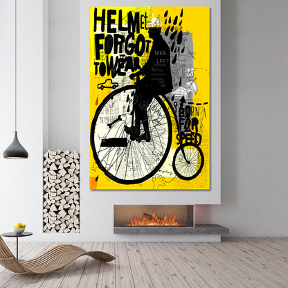 Man Riding Old Retro Bicycle Graffiti Style Yellow Poster Abstract Art Print Artesty   