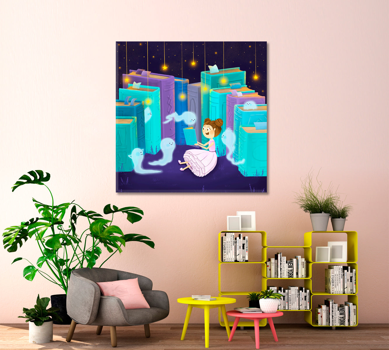 BEDTIME STORY Cute Little Girl Books & Ghosts Sweet Kids Baby Nursery - S Kids Room Canvas Art Print Artesty   