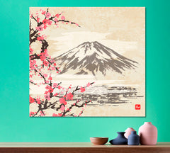 HARMONY Mountain Fuji Sakura Japanese Cherry Blossom Trees Style Oriental Canvas Print - Square Asian Style Canvas Print Wall Art Artesty   