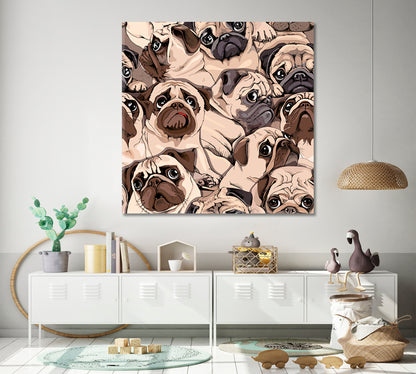 Funny Pugs Composition Sepia Art Style Humor Whimsical Animals Canvas Print - Square Panel Animals Canvas Print Artesty   