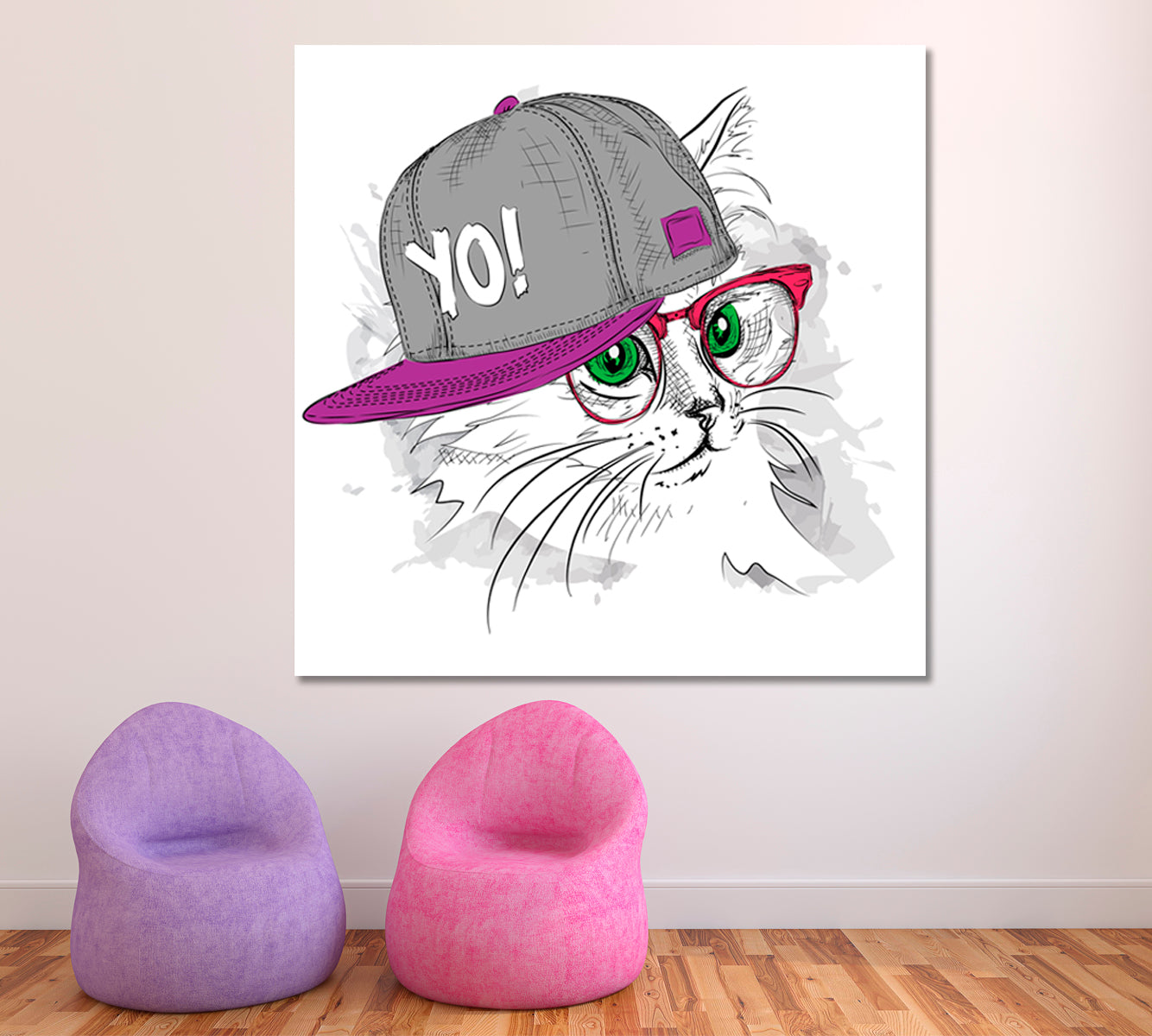 Cute Cat Hip-Hop Hat Funny Whimsical Animal KIDS ROOM CONCEPT Canvas Print | Square Panel Animals Canvas Print Artesty   