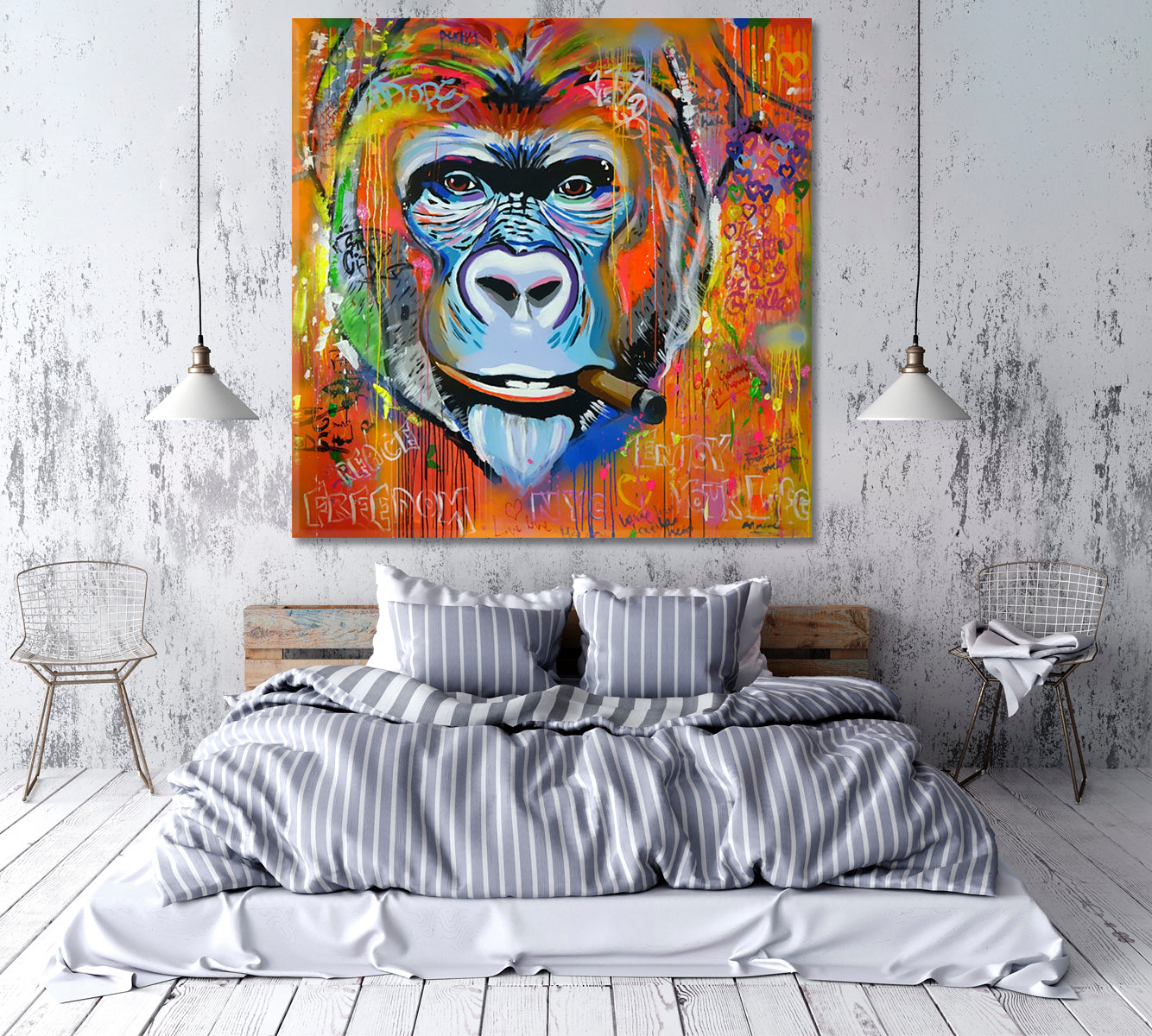 Monkey Gorilla Smoking Cigar Grunge Banksy Graffiti Style - S Contemporary Art Artesty   