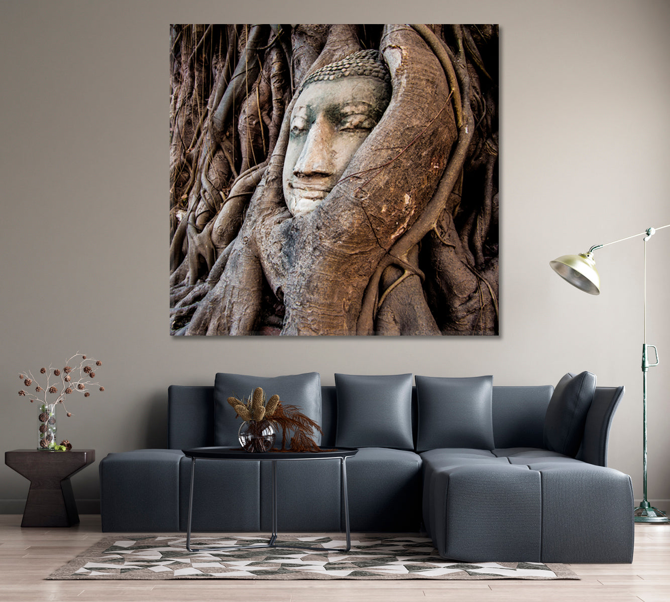 Head of Buddha Statue Tree Roots Wat Mahathat Ayutthaya Thailand Canvas Print | Square Panel Famous Landmarks Artwork Print Artesty   