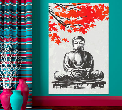 HARMONY Great Buddha of Kamakura with Maple Branch Oriental Style -  Vertical Asian Style Canvas Print Wall Art Artesty   